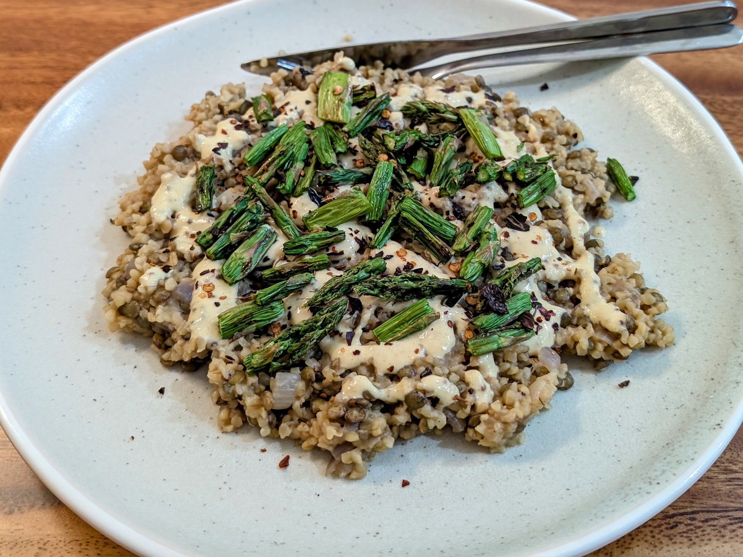 Roasted Asparagus with Bulgar Wheat & Lentils